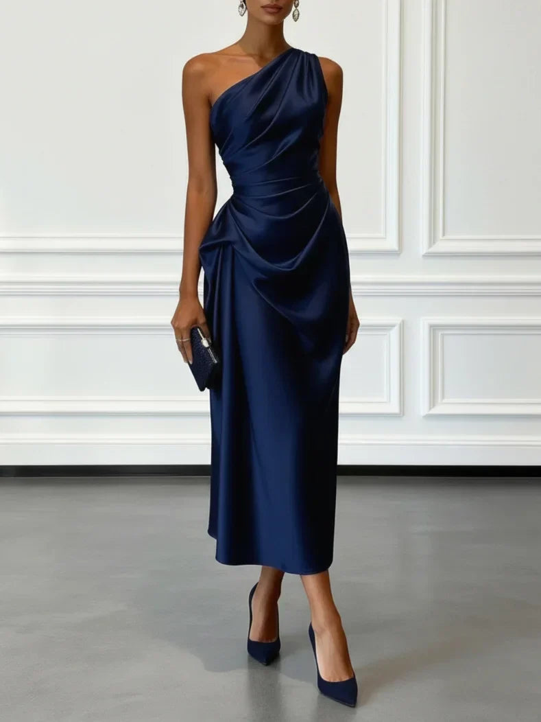 Allegra satin one shoulder ruched midi dress – image 5