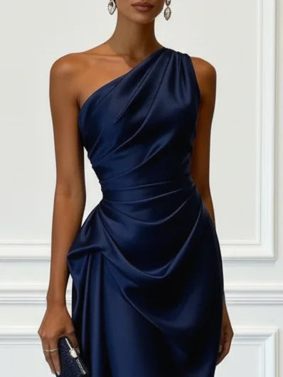 Allegra satin one shoulder ruched midi dress – image 18