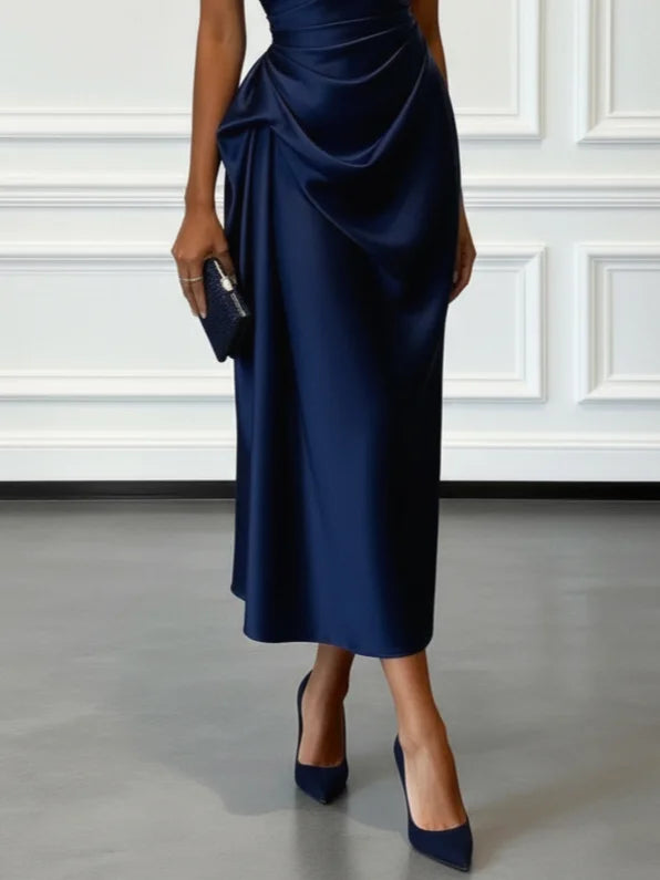 Allegra satin one shoulder ruched midi dress – image 19