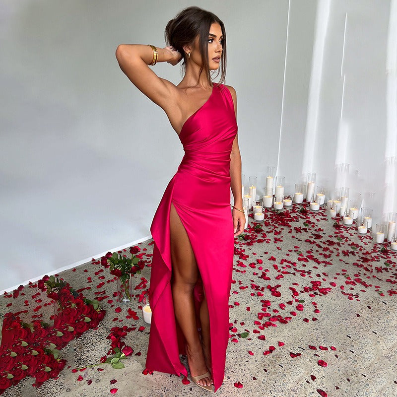 Heidi ruched one shoulder satin maxi dress – image 5