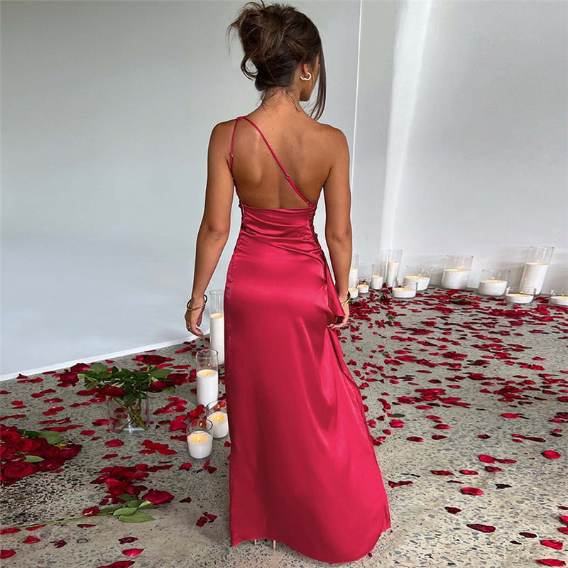 Heidi ruched one shoulder satin maxi dress – image 6