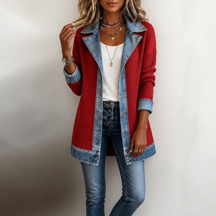 Holly ribbed knit coat with denim trim – image 2