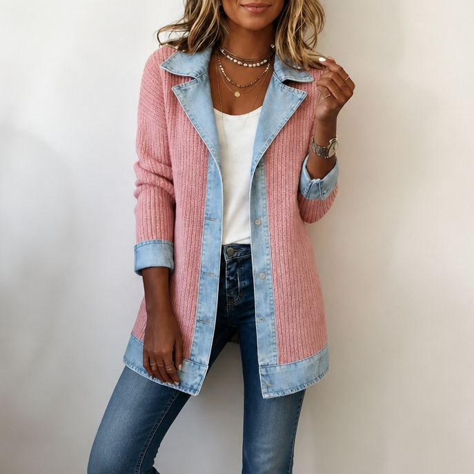 Holly ribbed knit coat with denim trim – image 5