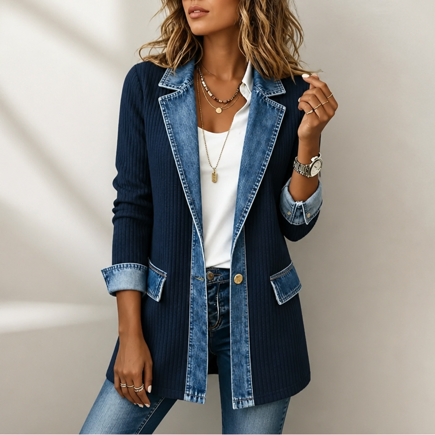 Holly ribbed knit coat with denim trim – image 6