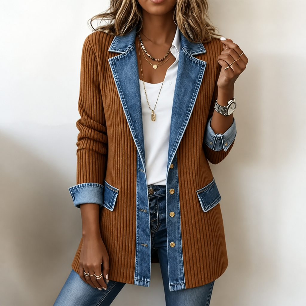 Holly ribbed knit coat with denim trim – image 7