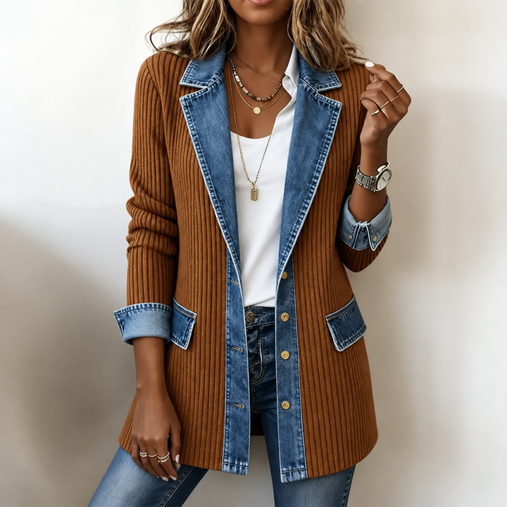Holly ribbed knit coat with denim trim – image 7