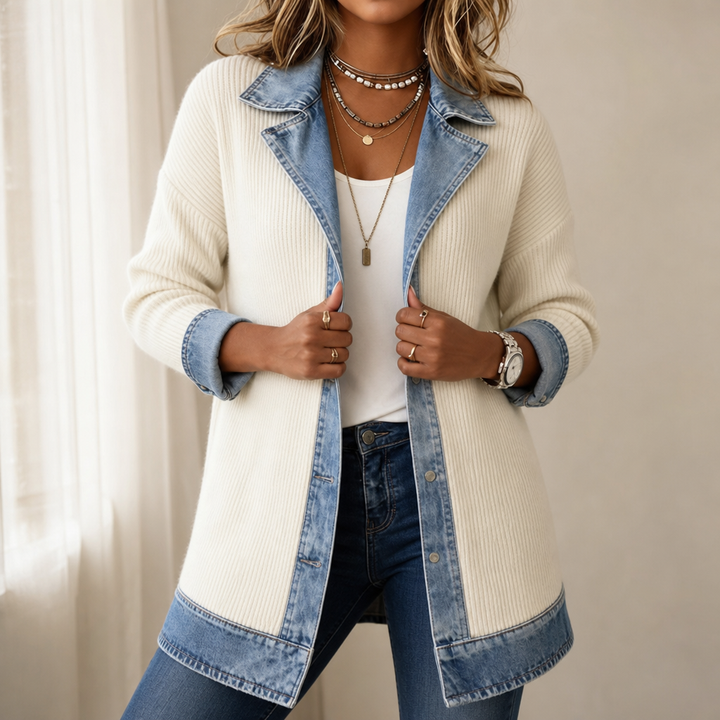 Holly ribbed knit coat with denim trim – image 9