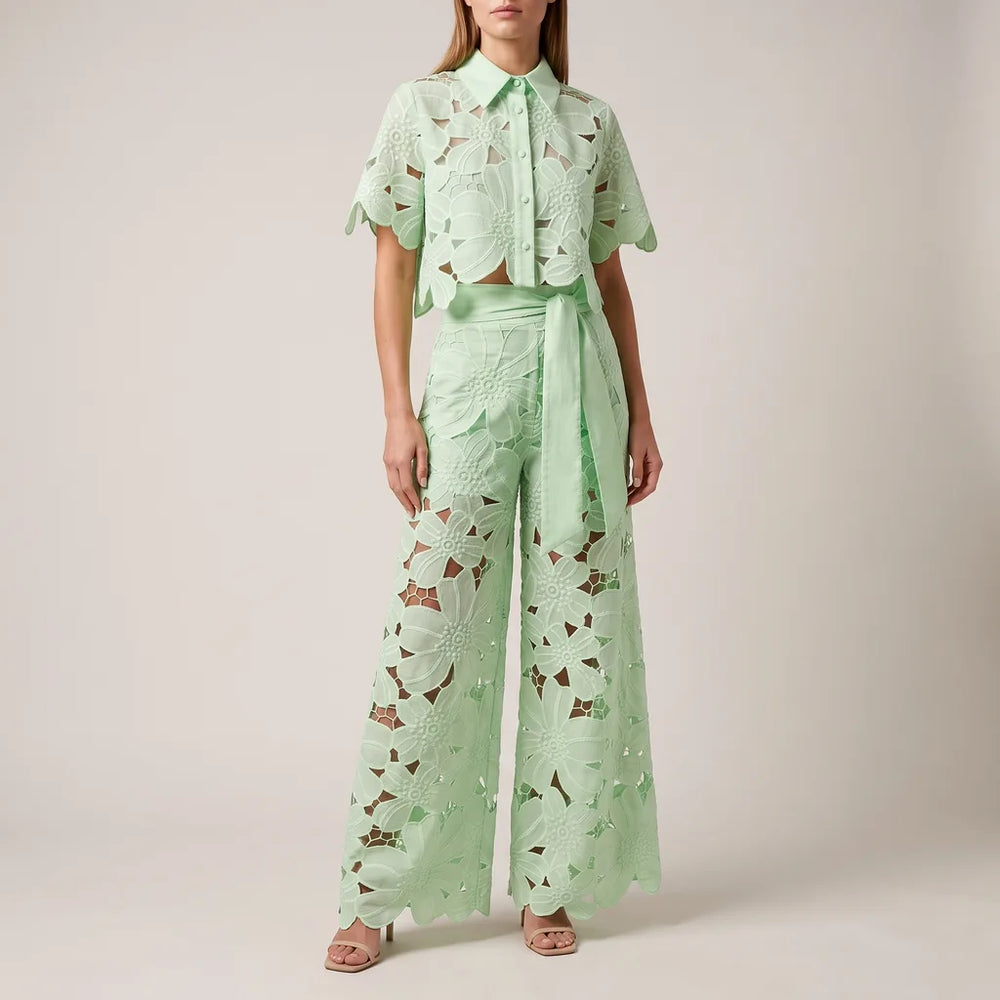 Darcy lace cutout crop top and wide leg pants set – image 2