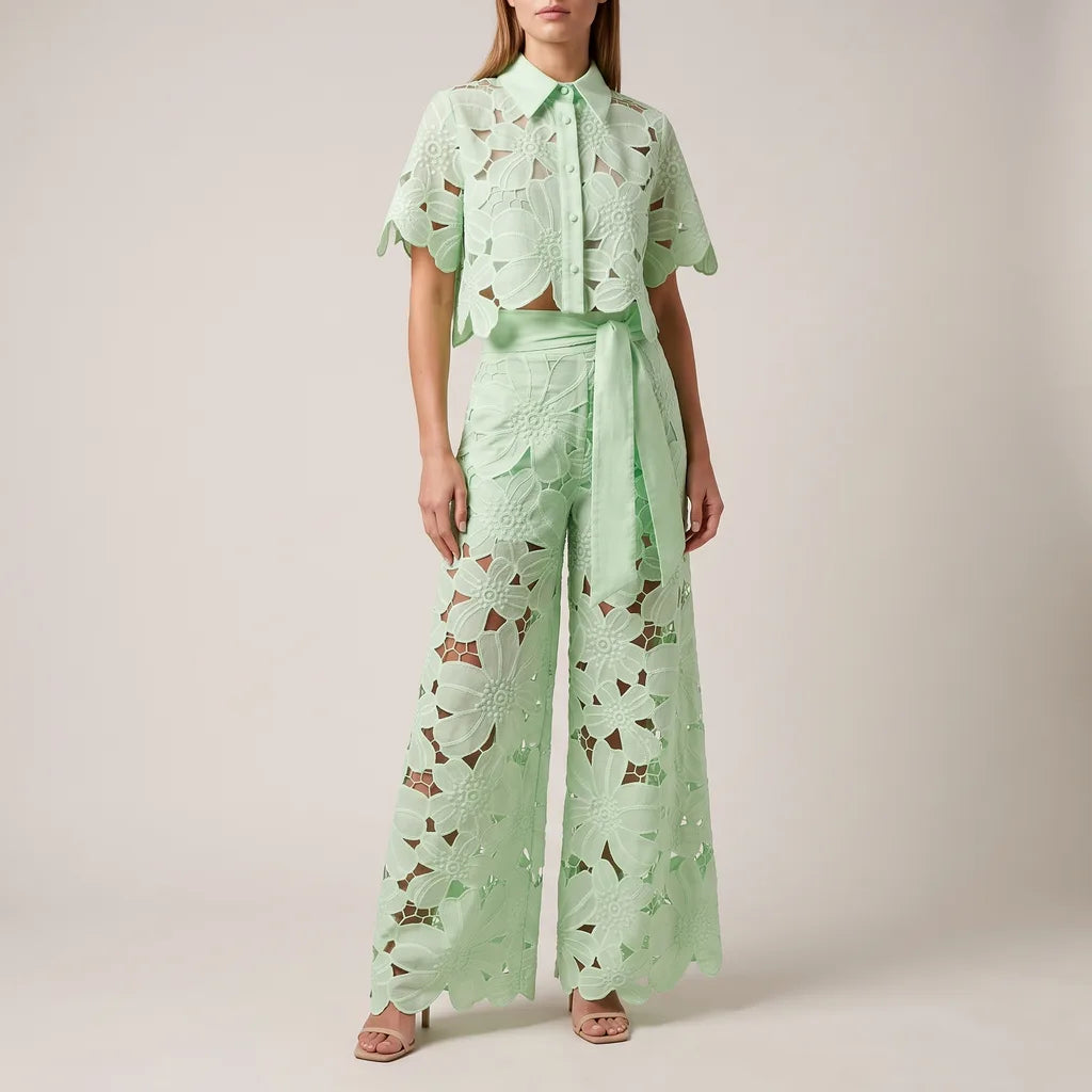 Darcy lace cutout crop top and wide leg pants set – image 2