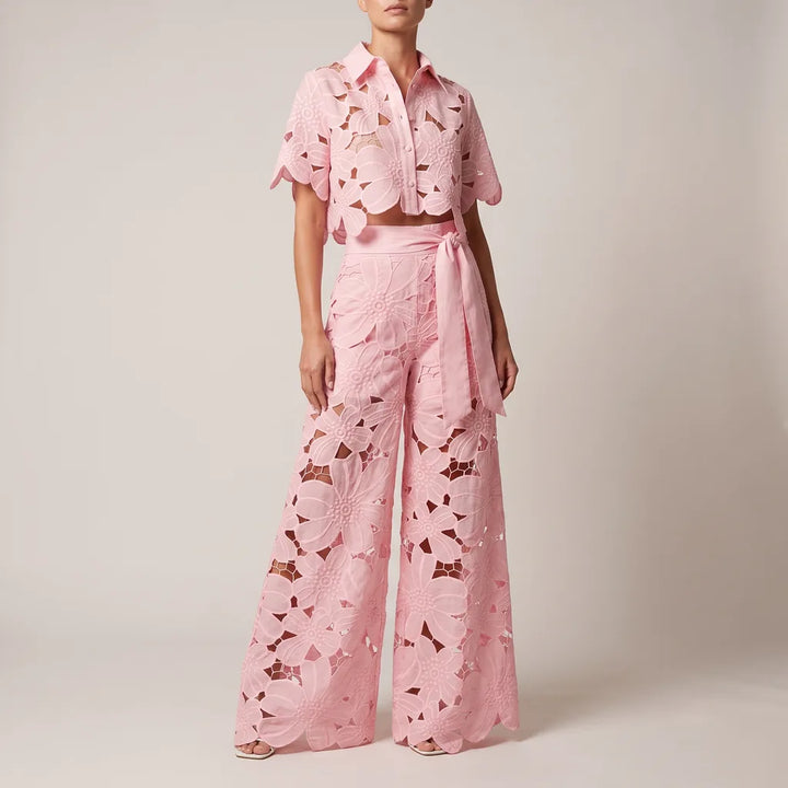 Darcy lace cutout crop top and wide leg pants set