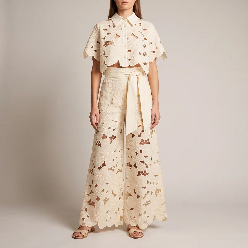 Darcy lace cutout crop top and wide leg pants set – image 5