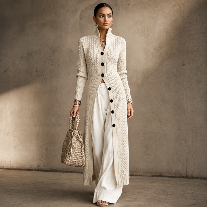 Lyra high collar cable knit duster cardigan – image 15