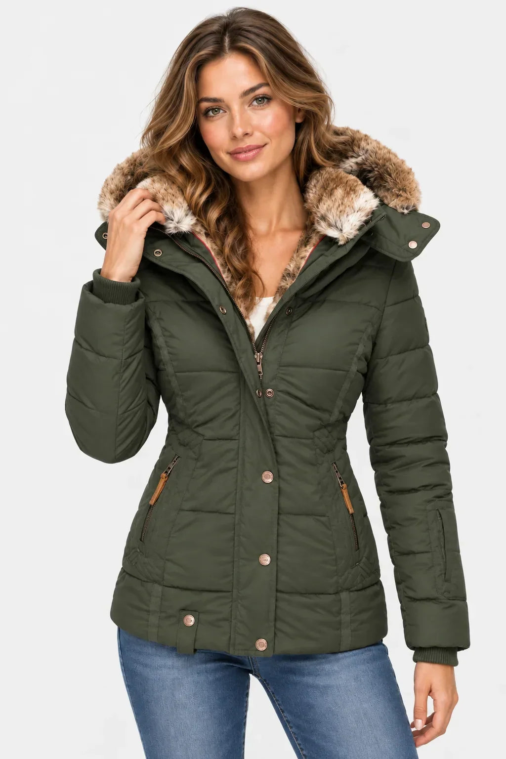 Elaine quilted puffer jacket with faux fur hood – image 7