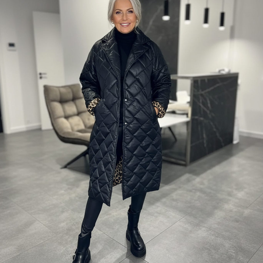 Paola reversible quilted midi coat with leopard lining