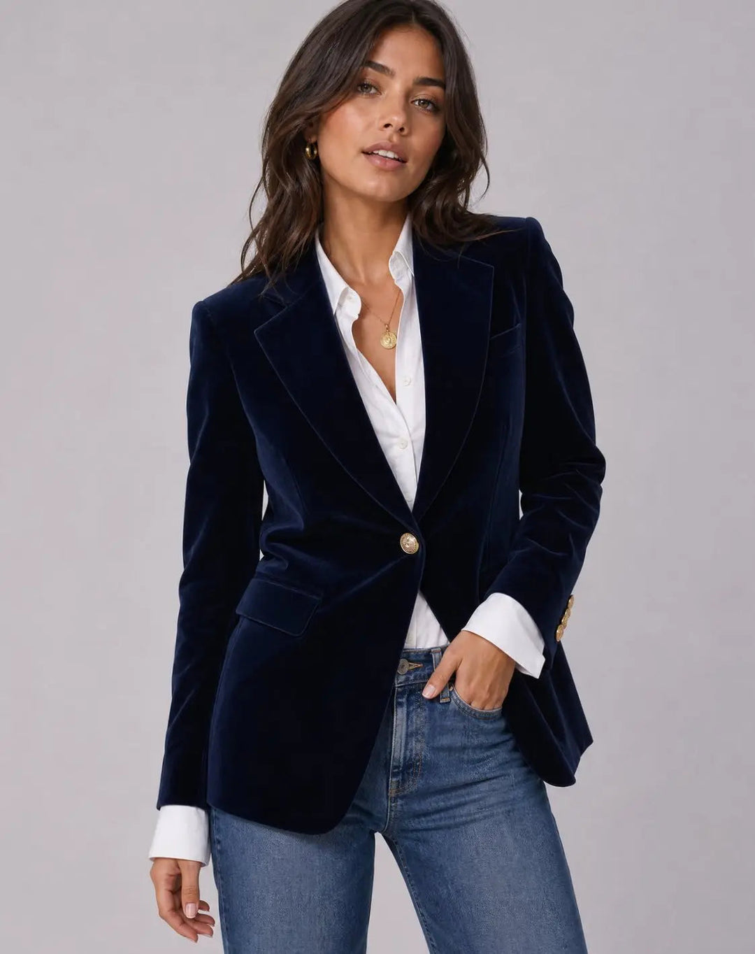 Petra slim fit velvet blazer with gold tone buttons