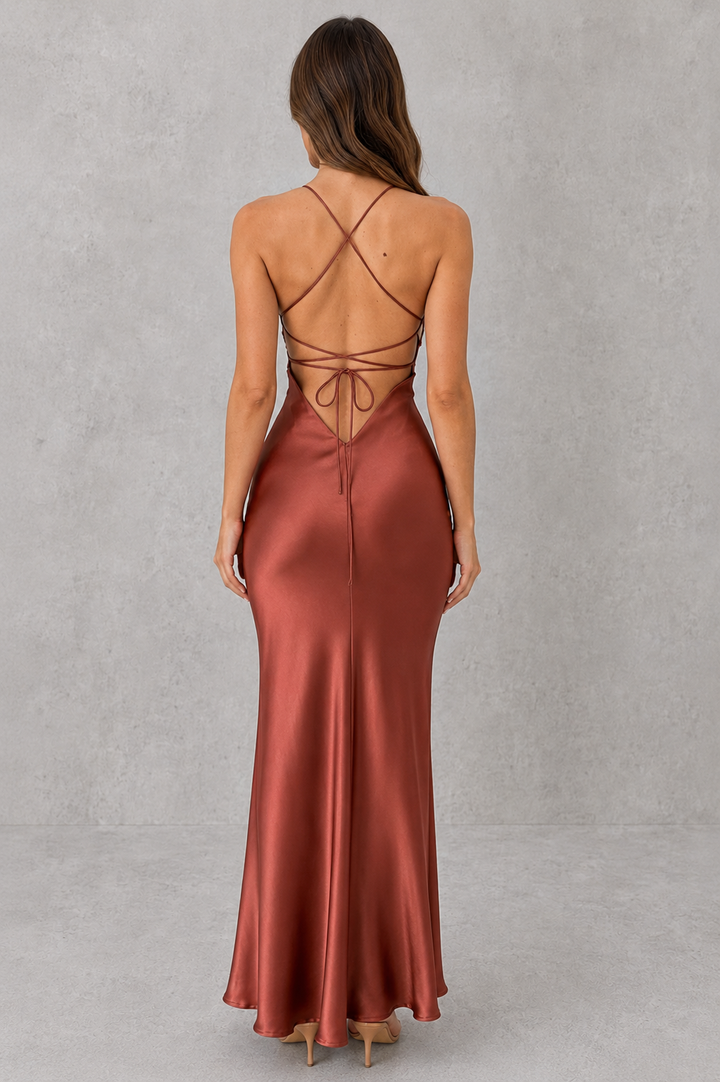 Zelda bias cut satin maxi dress with open back – image 2